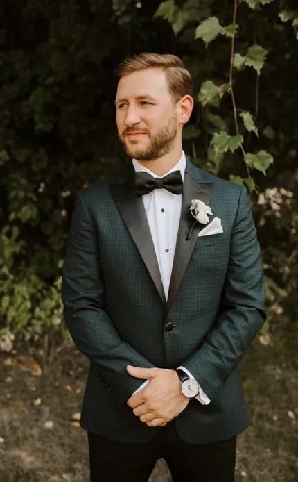 Elegant Michigan Wedding | Kelly & Spencer Black Tuxedo Green Bowtie, Green Jacket Groom, Black And Green Groom, Green Groom Tuxedo, Green Tux, Fall Wedding Attire, Wedding Mexican, Cream Shirt Dress, Green Wedding Suit