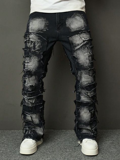 Black  Collar  Denim Plain,All Over Print Skinny Embellished Medium Stretch  Men Clothing Punk Mens Fashion, Goth Pants, Goth Fits, Leather Fashion Men, Kids Fall Outfits, Punk Men, Elastic Jeans, Black Ripped Jeans, Boys Denim