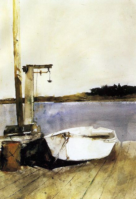 Pleasant Point. Water Color by Andrew Wyeth.  A skiff next to a lobster scale --  a moment of peace and quiet. Andrew Wyeth Watercolor, Wyeth Paintings, Andrew Wyeth Paintings, Andrew Wyeth Art, Jamie Wyeth, Nc Wyeth, N C Wyeth, Andrew Wyeth, Minimalist Painting