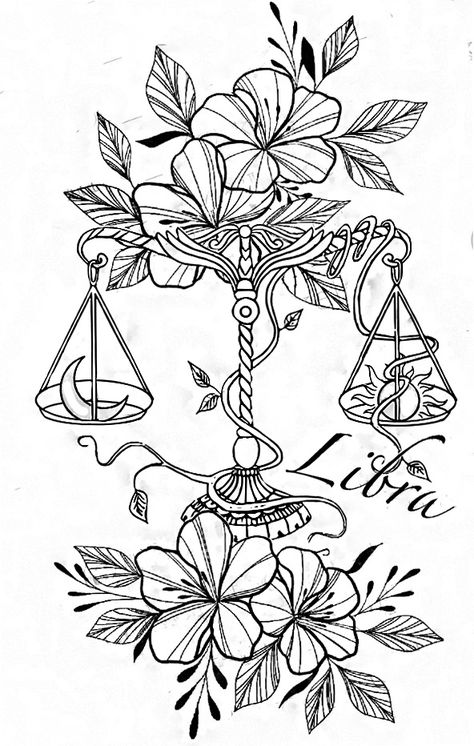 Zodiac Art Libra Tattoo Ideas, Libra Leg Tattoos Women, Cute Libra Tattoos For Women, Floral Libra Tattoo, Virgo And Libra Tattoo, Libra Woman Tattoo, Floral Disney Tattoo, Libra Art Drawing, Libra Inspired Tattoos