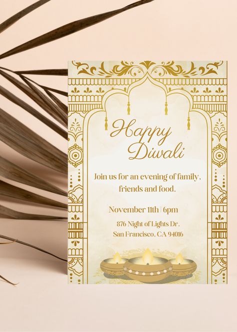 Cream and Gold Diwali Invitation, with intricate gold border design, festive diyas, gold font, all on a cream-gold background. Size 5 x 7 inches. Diwali Invite Template, Diwali Invitation Cards, Diwali Invite, Diwali Designs, Diwali Invitation, Gold Border Design, Diwali Card, Fair Theme, Diwali Design