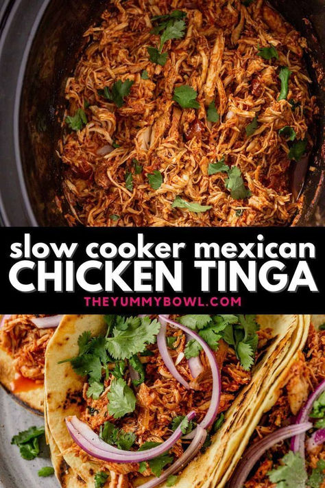 This chicken tinga recipe is a traditional Mexican dish made with shredded chicken in a spicy tinga sauce that can be served in corn tortillas (or flour tortillas) or burrito bowls with fresh cilantro, Cotija cheese, creamy avocado, sour cream, and a squeeze of fresh lime juice. Make this chicken tinga for filling tacos for a tasty lunch or dinner. Try this chicken recipe today! Mexican Chicken Tinga, Mexican Chicken Tacos, Crockpot Mexican Chicken, Avocado Sour Cream, Tinga Recipe, Chicken Tinga Recipe, Fiesta Food, Spicy Chicken Tacos, Slow Cooker Mexican Chicken