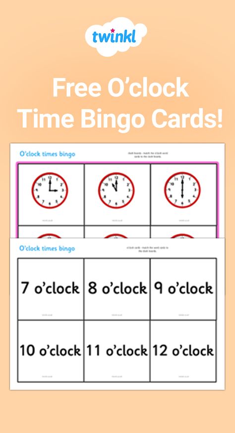 Practice telling the time with these free bingo cards! Perfect as a whole-class activity - simply show or call out different cards in turn and have your children cover up the image or word if they have it on their card. Learning to tell the time has never been so much fun! Visit the Twinkl website to download for free and discover thousands more teaching resources!   #tellingthetime #time #watch #clock #bingo #teacher #maths #teachingresources #freeteachingresources #twinkl #twinklresources Clock Games For Kids, Free Bingo Cards, Time To The Hour, Teaching Mathematics, Teaching Resources Primary, Bingo Set, Class Activity, Conversation Cards, Watch Clock