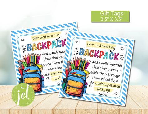 Printable Sunday School Backpack Prayer, Dear Lord bless this backpack, Religious Tag, Backpack cards church gift tag INSTANT DOWNLOAD by PrintablesjustforU on Etsy Backpack Blessing Tags Printable, Blessing Of The Backpacks Ideas, Backpack Blessing Tags, Candy Sayings, Friendship Crafts, Bible Camp, Blessing Bags, Church Gifts, Back To School Party