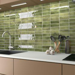 Beige And Green Kitchen, Green Splashback, Metro Tiles Kitchen, Contemporary Kitchen Tiles, Traditional Bathroom Tile, Brick Bathroom, Vibrant Kitchen, Kitchen Splashback Tiles, Italian Herbs