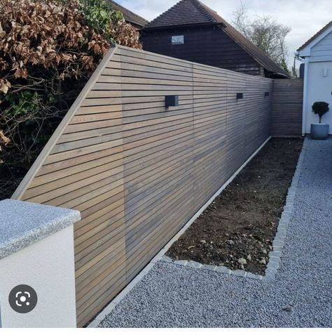 Larch Fence, Contemporary Fence Design, Private Fence Ideas, Backyard Fence Design, Contemporary Fence, Contemporary Fencing, Slatted Fence, Slatted Fence Panels, Rustic Closet