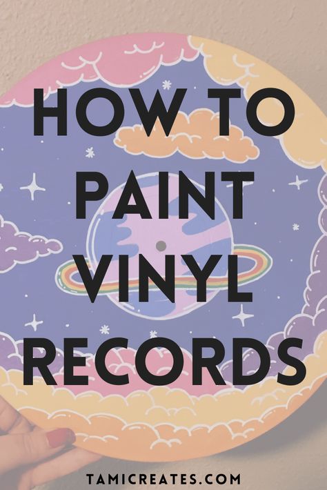 For someone who loves music and art, painted vinyl records is a fun art piece! Here's my method for painting vinyl records. Decorating With Vynil Records, Music Wall Art Ideas Vinyl Records, Crafting With Vinyl Records, Paint Vinyl Records Diy, How To Paint On Vinyl Records, Art With Vinyl Records, How To Paint A Record, Old Vinyl Records Crafts, Things To Paint On Vinyl Records