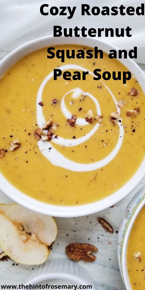 Cozy roasted butternut squash pear soup is made with just a few simple ingredients like onions, avocado oil, fresh ginger, and broth! It is gluten free, dairy free, and has an option to make it vegan! #souprecipe #soupseaosn #souprecipes2020 #easysouprecipe #healthysoup #healthysouprecipe #butternutsquash #butternutsquashsoup #squashrecipe #glutenfreesoup #vegansoup #dairyfreesoup Roasted Butternut Squash And Pear Soup, Butternut Squash Soup With Pears, Butternut Pear Soup, Butternut Squash And Pear Soup, Butternut Squash Pear Soup, Purée Soups, Soup With Bone Broth, Soups Fall, Oven Roasted Butternut Squash