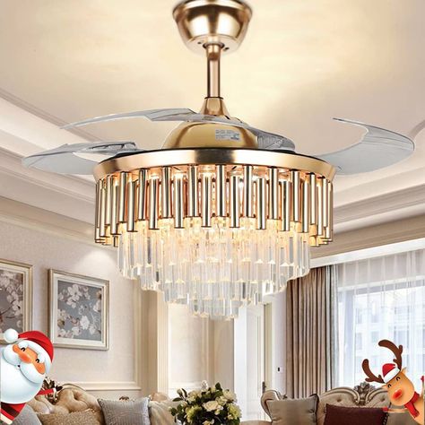 PRICES MAY VARY. 【LUXURY DESIGN】: Retractable ceiling fan and crystal chandier 2 in 1. Golden metal lamp body and 4-tire stunning crystal are gorgeous. Lights make the space full of romantic 【INVISIBLE BLADES】:Invisible clear acrylic blades will stretch out and put inside automatically when turn on and off. Ceiling fan chandelier 42" diameter when extended and 20" when closed, with 4''and 8" down rods ,Vertical height 22"/26", suitable for ceilings of different heights 【3-COLOR CHANGES】：Modern c Chandelier Ceiling Fan, Crystal Ceiling Fan, Chandelier Fan, Remote Control Light, Fan With Light, Modern Ceiling Fan, Ceiling Fan Chandelier, Metal Lamp, Fan Light