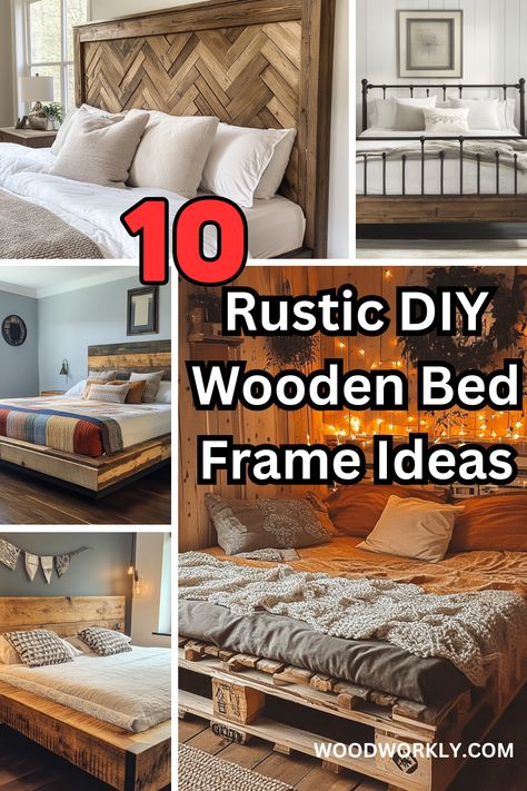 Create a cozy, rustic vibe with these DIY wooden bed frame ideas. Perfect for adding charm and warmth to your space. Click for step-by-step inspiration! #RusticBedFrame #Woodworking #DIYProjects #BedroomDecor #HomeImprovement Rustic Platform Beds, Farmhouse Queen Bed Frame Diy, Rustic Wood Headboard With Lights, Custom Bed Frames, Diy Headboard Footboard Ideas, Diy Wood Bed Frame King, Diy Bedframe King, California King Bed Frame Diy, Bed Frame Design Wood