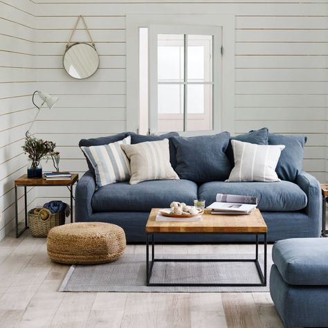 5 Reasons To Put Shiplap Walls In Every Room Coloured Furniture, Blue Couch Living, Blue Sofa Living, Blue Sofas Living Room, Ny Apartment, Beach House Living Room, Blue Living Room Decor, Morning Room, Corner Sofa Set