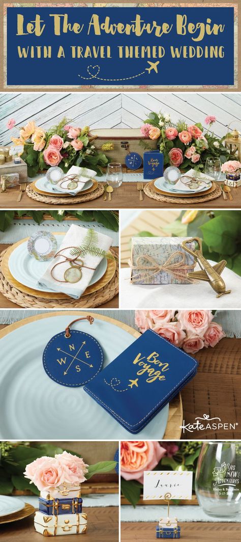 Let The Adventure Begin Wedding Shower Ideas, Wedding Adventure Theme, Adventure Theme Wedding, Travel Themed Engagement Party, Let The Adventure Begin Wedding, Blue Fall Wedding, Travel Theme Bridal Shower, Travel Bridal Showers, Travel Inspired Wedding