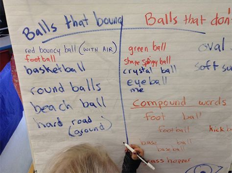 "After our exploration of what makes balls roll, the children began making observations about balls bouncing. We wanted to know which balls in our collection bounced and which did not. During the documentation of our investigations, I was able to have meaningful and impromptu conversations with the children about compound words during our shared writing experience as a group." -- Todd, Pre-K Teacher Balls Activities, Teaching Strategies Gold, Creative Curriculum Preschool, Bouncing Balls, 2nd Grade Activities, Pre K Teacher, Preschool Units, Classroom Centers, Creative Curriculum