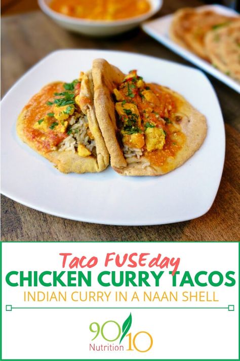 Chicken Curry Tacos.  This is the second in a series called "Taco Fuseday" where I take other cuisines and dishes and make them into tacos.  Because...tacos are awesome.  This one uses Naan bread as the taco shells and Indian curry and rice as the filling.  Yes.  Mhm.  Yep. Recipe link:  https://www.9010nutrition.com/blog/recipe/chicken-curry-tacos/ Curry Tacos, Whole Wheat Naan, Clean Eating Tacos, Curry And Rice, Slow Cooker Balsamic Chicken, Indian Chicken Curry, Clean Dinner Recipes, Dorm Food, Clean Dinners