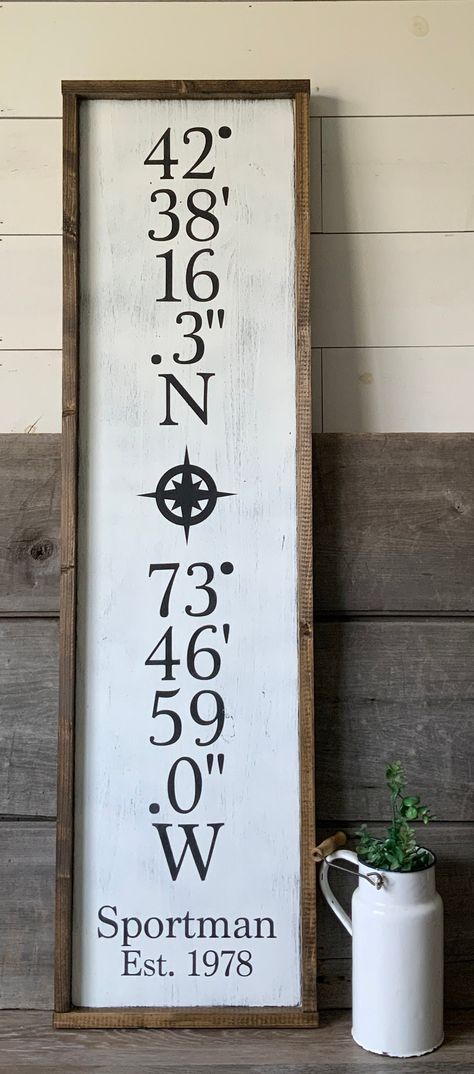 Excited to share this item from my #etsy shop: Vertical latitude and longitude Sign, coordinates sign, latitude longitude, farmhouse, farmhouse wall decor, farmhouse style, Vertical Signs Wall Decor, Wall Decor Farmhouse Style, Latitude Longitude Sign, Coordinates Sign, Cabin Crafts, Rustic Letters, Nautical Signs, Barn Houses, Black Sign