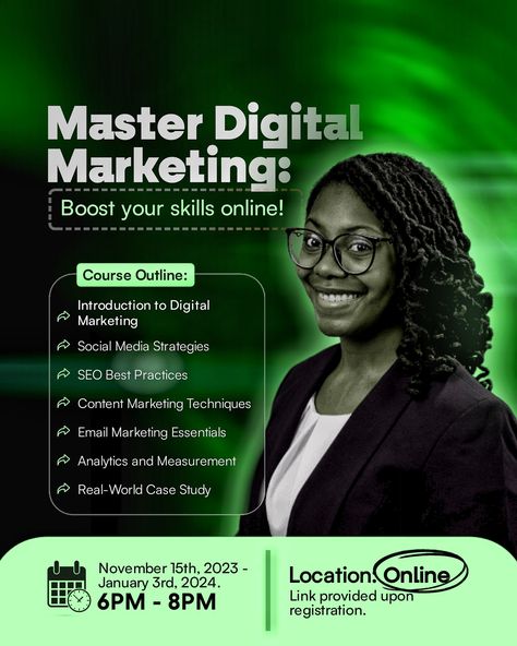 Digital marketing online class flyer design Course Flyer Design, Class Flyer Design, Course Flyer, Digital Marketing Social Media, Event Flyers, Marketing Techniques, Online Class, Marketing Online, Social Media Strategies