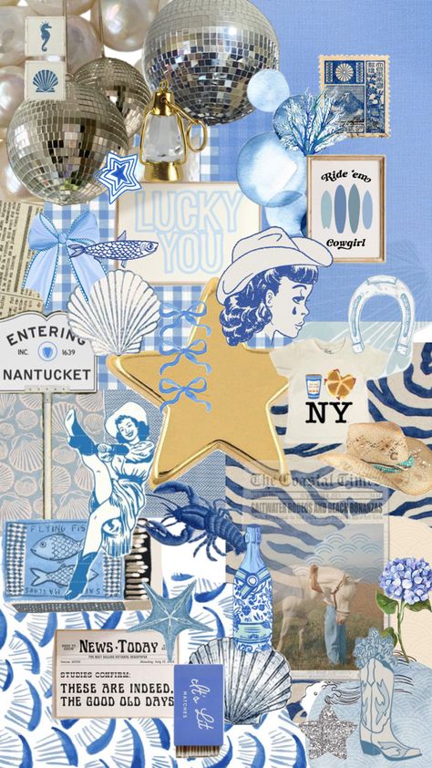 coastal cowgirl feelin blue & gold Cowgirl Mood Board, Cowgirl Collage, Collage Wallpaper, Coastal Cowgirl, Blue Gold, Mood Board, Collage, Gold, Blue