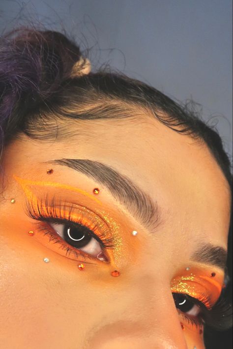 Fun Orange Makeup, Orange Rhinestone Makeup, Neon Orange Makeup Looks, Orange Rave Makeup, Sunrise Makeup Looks, Orange Witch Makeup, Orange Clown Makeup, Orange Fairy Makeup, Orange Festival Makeup