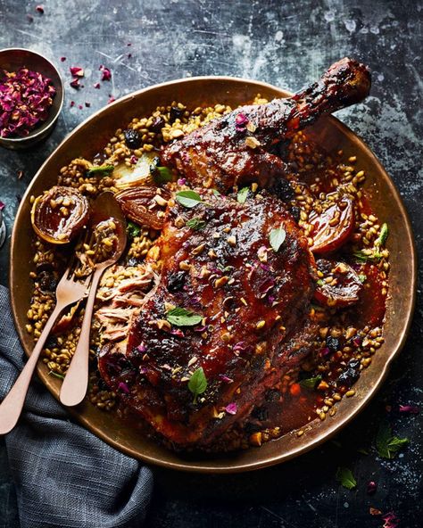 Moroccan-spiced lamb shoulder with onions and freekeh recipe | delicious. Magazine Bombay Chicken, Freekeh Recipes, Braised Lamb Shoulder, Bonfire Night Food, Peanut Stew, Braised Lamb, Tandoori Masala, Tesco Real Food, Lamb Shoulder