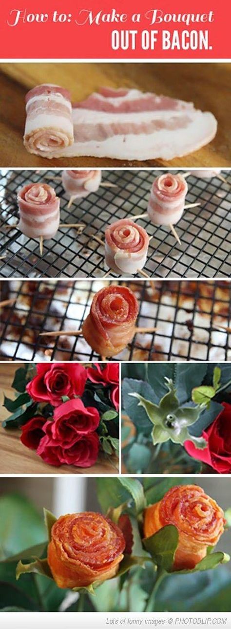 Bacon Bouquet, Bacon Roses, Grill Dessert, Birthday Breakfast, Making A Bouquet, Bacon Recipes, Birthday Dinners, Finger Food, Cute Food