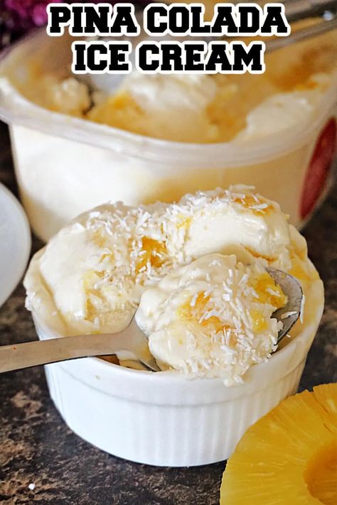 Pina Colada Recipe With Ice Cream, Hawaiian Ice Cream, Pina Colada Ice Cream, Pineapple Ice Cream Recipe, Pineapple Coconut Ice Cream, Homemade Pina Colada, Recipes With Coconut Cream, Coconut Ice Cream Recipes, Pineapple Ice Cream