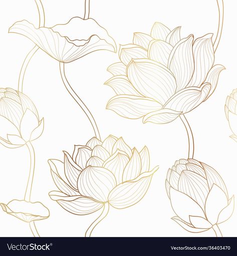 Motif Vector, Flower Vector Art, Line Flowers, Lotus Vector, Lotus Wallpaper, Lotus Painting, Lotus Flower Art, Lotus Print, Seamless Wallpaper