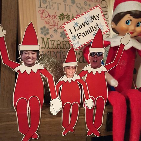 Go Elf yourself! I can’t remember where I saw this idea, but I love it! I found scout elf clipart and just replaced the elf faces with our faces. Then I cut out the resulting paper dolls and … Elf Faces, Elf Stuff, Elf Idea, Elf Clipart, Elf Face, Elf Yourself, Awesome Elf On The Shelf Ideas, Christmas Mail, Elf Antics