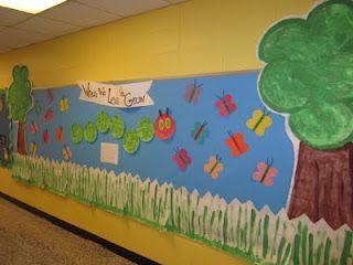 Kidspiration Kindergarten: Welcome Back. When we learn wee grow. Bulletin Boards For Preschool, Kindergarten Welcome, Daycare Bulletin Boards, Old Classroom, Daycare Room Ideas, Eric Carle Classroom, Back To School Board, Eric Carle Activities, Daycare Decor