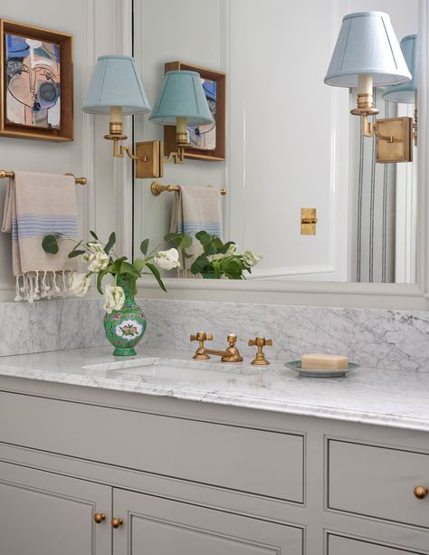 Collins Interiors, Antique Dining Chairs, Marble Counter, Bathroom Renos, Guest Bath, Carrara Marble, Custom Home Builders, Kids' Bathroom, Beautiful Bathrooms