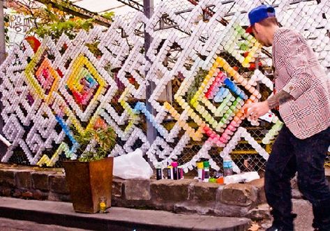 cuprocking has become the new street trend. sydney-based artist andy uprock has started this  new type of street art. Fence Weaving, Chain Fence, Link Art, Fence Art, Fence Decor, Chain Link Fence, Collaborative Art, Plastic Cups, Art Textile