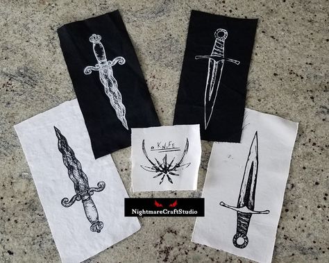 The Knife Collection - Screenprinted Dagger Blade Design Cloth Patches Knife Embroidery, Patches Ideas, Print Making Designs, Cloth Patches, Punk Fashion Diy, Eye Clothes, Patch Ideas, Tarot Cloth, Patch Jacket