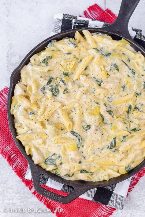 Spinach Artichoke Chicken Pasta, Chicken Pasta Skillet, Chicken Artichoke Pasta, Spinach Artichoke Pasta, Pasta Skillet, Chicken And Pasta, Spinach Artichoke Chicken, Comforting Dinner, Skillet Dinner Recipes