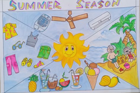 Summer Season Drawing For Kids, Summer Season Images, Summer Season Drawing, Season Images, Seasons Project, School Project Ideas, Seasons Chart, Pakistan Defence, Welcome To Class