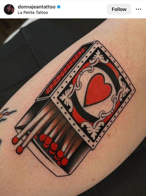 Matchbook Tattoo Design, Traditional Rain Tattoo, Patrick Nagel Tattoo, Traditional Matchbox Tattoo, American Traditional Matchbox Tattoo, Lipstick Tube Tattoo, Traditional Tattoos Goth, Skeleton Hand Holding Cards Tattoo, Girlie Traditional Tattoos