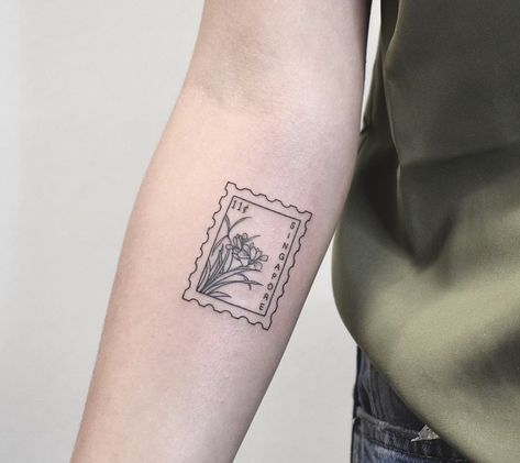 Pen Pal Tattoo Ideas, Sister Stamp Tattoo, Marigold Postage Stamp Tattoo, Postage Tattoo Ideas, Australian Stamp Tattoo, French Stamp Tattoo, Mexico Postage Stamp Tattoo, Postal Tattoo Ideas, Arizona Postage Stamp Tattoo