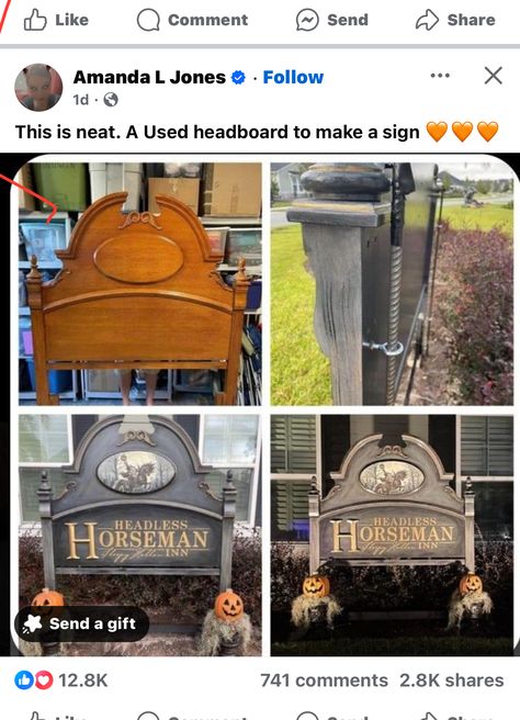 Headless Horseman Decor, Headboard Halloween Sign, Cemetery Sign, Headless Horseman Halloween, Sleepy Hollow Halloween, Unique Homecoming Dresses, Old Headboard, Halloween Graveyard, Scary Stuff