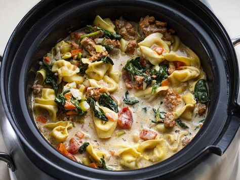 Crockpot Sausage Tortellini Soup, Tortellini And Sausage Soup, Crockpot Tortellini Soup, Tortellini Soup Crockpot, Crockpot Tortellini, Soup Sausage, Crockpot Sausage, Homestead Recipes, Sausage Tortellini Soup