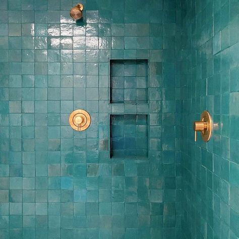 Zia Tile’s Instagram photo: “Aegean; a shimmering, brilliant blue that shades teal to turquoise to dark cyan. It’s as dynamic as the sea it was named for — and looks…” Zia Tile, Bathroom Redesign, Bathroom Renos, Dream Bathroom, House Bathroom, Bath Remodel, Guest Bathroom, Bathroom Makeover, Bathroom Renovation