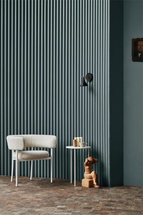 Serene Blue, Jotun - fluted wall in muted blue - blue interior inspiration - blue trends - colour trends Wall Paint Inspiration, Jotun Lady, Green Wall Color, Mint Green Walls, Paint Collection, Trendy Shades, Trending Paint Colors, Color Forecasting, Wall Paint Colors