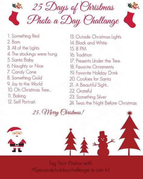 25 Days Of Christmas Ideas, Days Of Christmas Ideas, Winter Checklist, December Photo Challenge, Holiday Checklist, Photo Challenges, Photo A Day Challenge, Christmas Bucket, Instagram Challenge