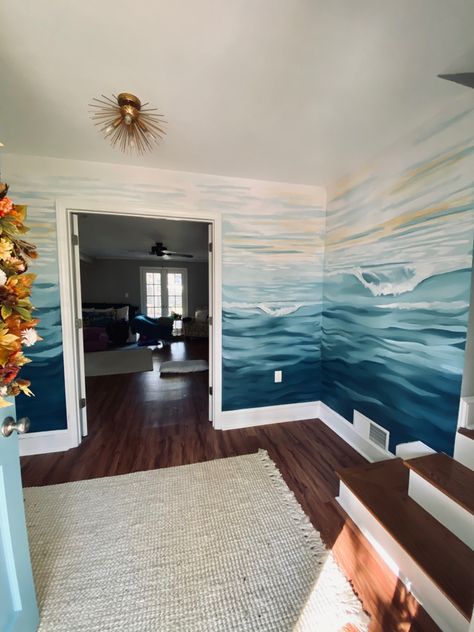 Ocean waves mural by Allison Dunavant Seascape Mural Ideas, Wave Stencil Wall, Ocean Waves Mural, Wall Painting Ideas Ocean Theme, Wave Mural Bedroom, Waves Painted On Wall, Ocean Painted Wall, Ocean Wall Paint, Ocean Wall Mural Painting