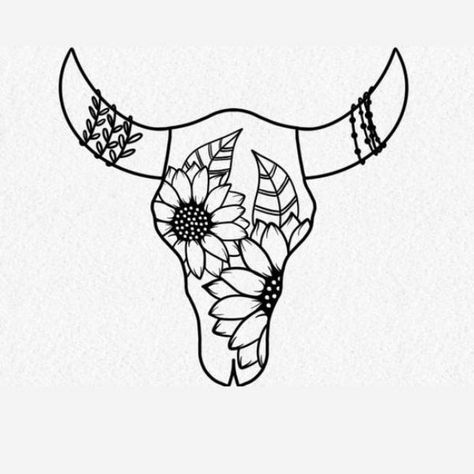 240+ Thrilling Western Tattoos Ideas and Designs (2023) - TattoosBoyGirl Country Sunflower Tattoo, Sunflower Country Tattoos, Western Cow Skull Drawing, Cow With Sunflower Tattoo, Highland Cow Outline Drawing, Western Tattoo Outline, Diy Cow Skull Painting Ideas, Western Skull Drawing, Cow Skull Art Drawing