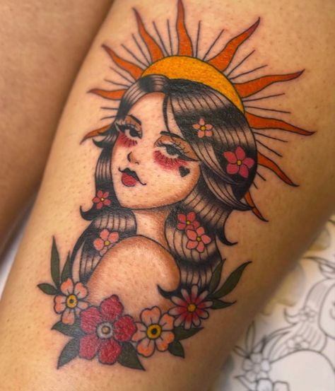 Classic Color Tattoo, American Traditional Lady Tattoo, American Traditional Floral Sleeve, 70s Tattoo Vintage, Girly Neo Traditional Tattoo, Trad Girl Tattoo, American Traditional Girl Tattoo, Cool Tattoos Unique, Thigh Tattoos Women Color