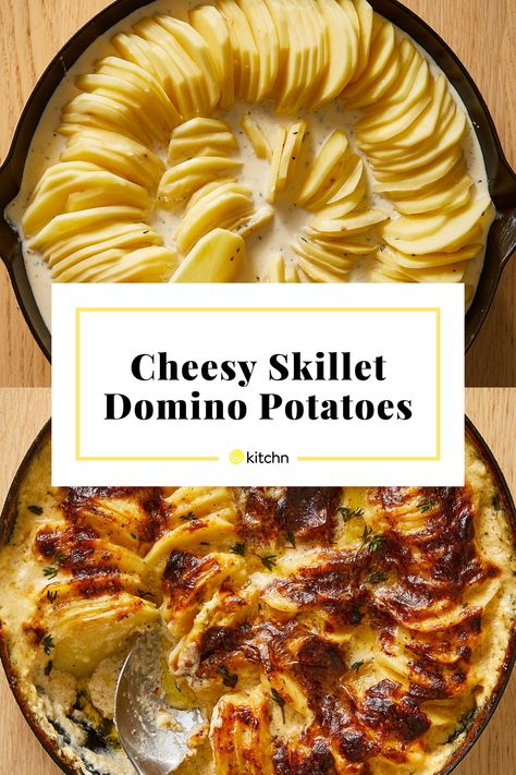 Recipes With Sliced Potatoes, Cheesy Sliced Potatoes, Tinned Potatoes Recipes, Sliced Potatoes In The Oven With Cheese, Sliced Potato Recipes, Domino Potatoes, Christmas Potluck Ideas, Golden Potato Recipes, Skillet Food