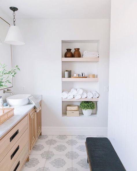 Recessed Shelves Bathroom, Recessed Shelves, The Company Store, Bathroom Refresh, Basement Bathroom, Upstairs Bathrooms, Bathroom Inspo, Bathroom Renos, Bathroom Kids