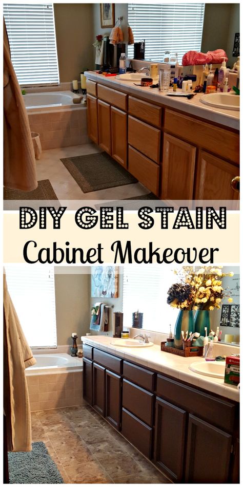 bathroom remodel DIY General Finishes Gel Stain, Remodel Diy, Kitchen Diy Makeover, Tile Remodel, Staining Cabinets, General Finishes, Diy Bathroom Remodel, Cabinet Makeover, Gel Stain