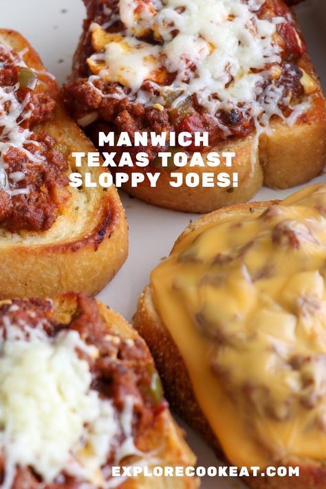 Pieces of Texas Toast topped with Manwich sloppy joe sauce.  3 pieces have melted cheddar on top and 1 piece has melted American cheese. Leftover Manwich Ideas, Manwich Recipe Ideas Dinners, Texas Toast Sandwich Ideas, Texas Toast Sloppy Joes, Open Face Sloppy Joe On Texas Toast, Sloppy Joe Texas Toast, Sloppy Joe On Texas Toast, Sloppy Joe On Garlic Texas Toast, Manwich Recipe