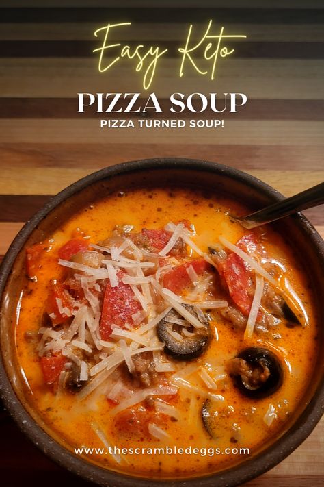 Keto Pizza Soup - The Scrambled Eggs Pizza Soup Keto, Low Carb Pizza Soup, Keto Pizza Soup, Pizza Soup Recipe, Tomato Bisque Soup, Pizza Soup, Italian Sausage Soup, Tomato Bisque, Tomato Broth