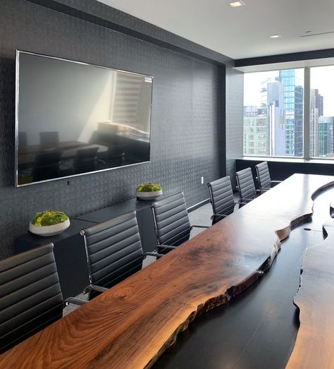 Manhattan Conference Room by August Black Industrial Office Conference Room, Conference Room Tv Wall Design, Conference Room Accent Wall, Boardroom Aesthetic, Dark Conference Room, Luxury Conference Room, Corporate Conference Room, Conference Room Lighting, Modern Conference Room