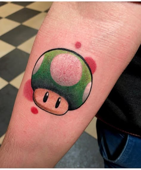 Mario Mushroom tattoo Mario Mushroom Tattoo, Computer Tattoo, Super Mario Tattoo, Xbox Design, Nintendo Tattoo, Mario Tattoo, Neo Tattoo, Gamer Tattoos, Mushroom Tattoo